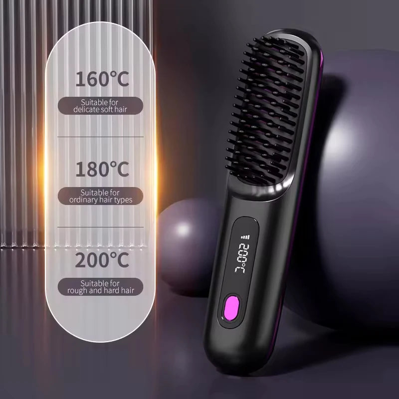 New Hair Straightener Brush - Cordless Hair Straightening,Compact & Travel-Friendly with LED Display Anti-Scald Mini comb